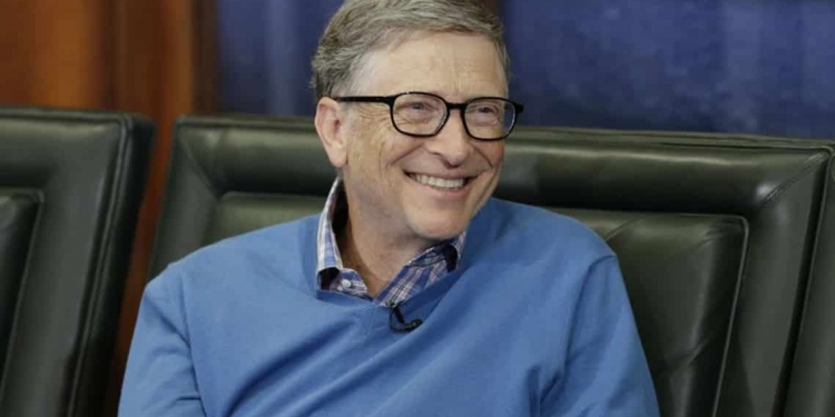 Bill Gates, Microsoft co-founder and director at Berkshire Hathaway, smiles during an interview by Liz Claman of the Fox Business Network in Omaha, Neb., Monday, May 8, 2017. (AP Photo/Nati Harnik)